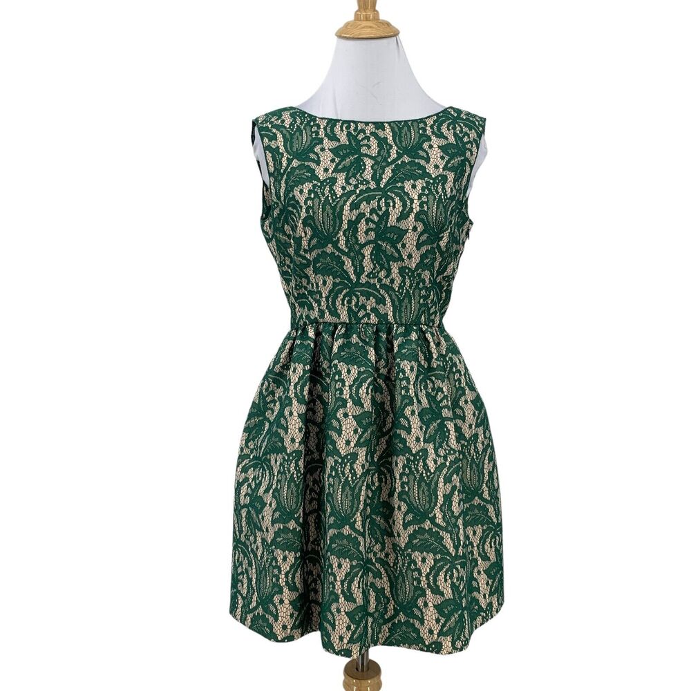 Zara Dress Women S Small Green Nude Lace Overlay Sleeveless V Back Pleated Tulip